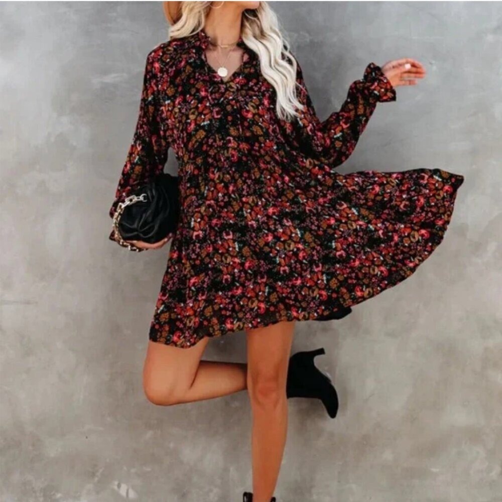 VICI Navy Red Floral Poppy Ruffle Neck Tie Babydoll Mini Dress FD4928 Medium
